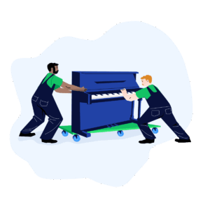 Déménageurs poussant un piano droit sur chariot à roulettes — transporteur piano et déménagement piano longue distance