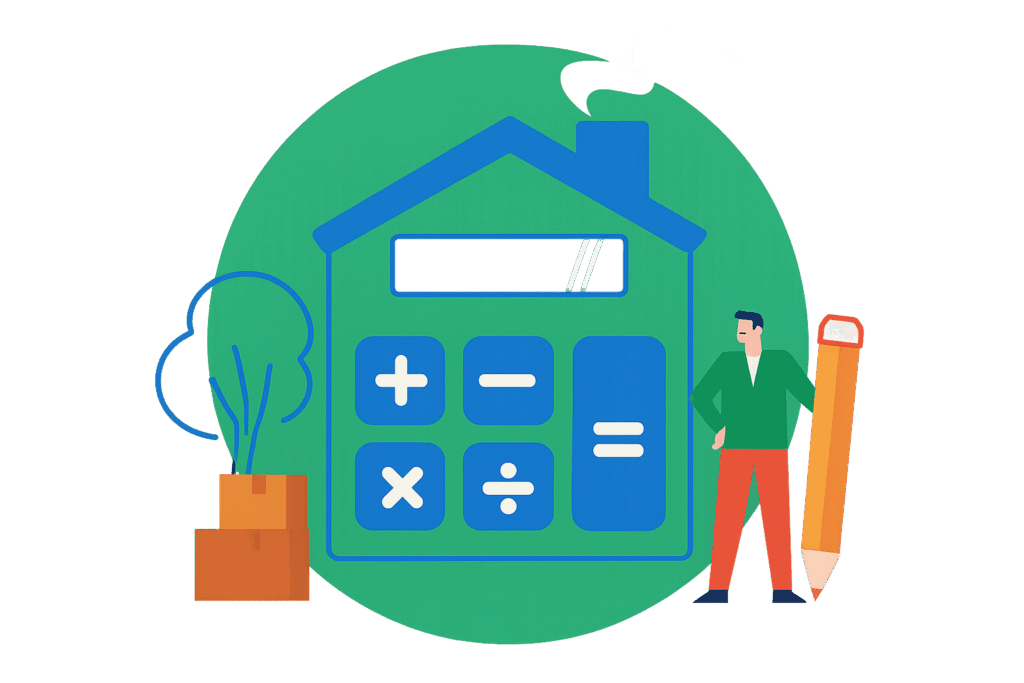 prix déménagement Illustration of a person calculating moving costs with a giant calculator inside a house, symbolizing "devis déménagement en ligne" and "combien coûte un déménagement en Suisse