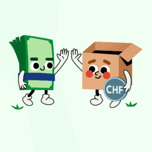llustration amusante d’un billet et d’un carton faisant un high-five avec une pièce CHF, symbolisant un déménagement pas cher et économique en Suisse.