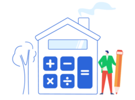 Illustration d'une maison-calculatrice avec un personnage tenant un crayon, symbolisant l'estimation des prix de déménagement