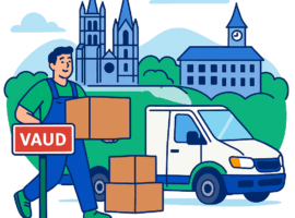 Illustration d’un déménageur à Vaud transportant des cartons devant une camionnette, avec des bâtiments emblématiques en arrière-plan