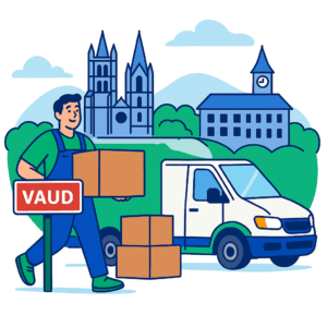 Illustration d’un déménageur à Vaud transportant des cartons devant une camionnette, avec des bâtiments emblématiques en arrière-plan