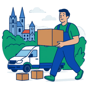 Illustration d’un déménageur en uniforme vert et bleu portant un carton devant un camion dans un décor typique de Vaud, avec des bâtiments historiques en arrière-plan.