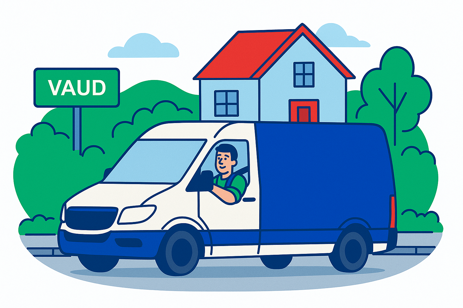 Illustration d’un déménageur souriant au volant d’une camionnette blanche et bleue, garée devant une maison à toit rouge à Vaud