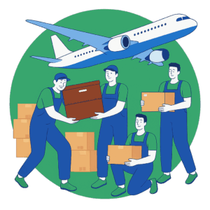 Équipe de déménageurs portant des cartons avec un avion en arrière-plan illustrant un déménagement international