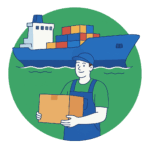 Déménageur avec un carton devant un cargo maritime transportant des containers pour un déménagement international