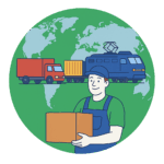 Déménageur tenant un carton avec un camion et un train de marchandises sur fond de carte du monde, illustrant le transport terrestre international