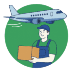 Déménageur tenant Déménageur tenant un carton avec un avion en vol, illustrant un déménagement international par avion
