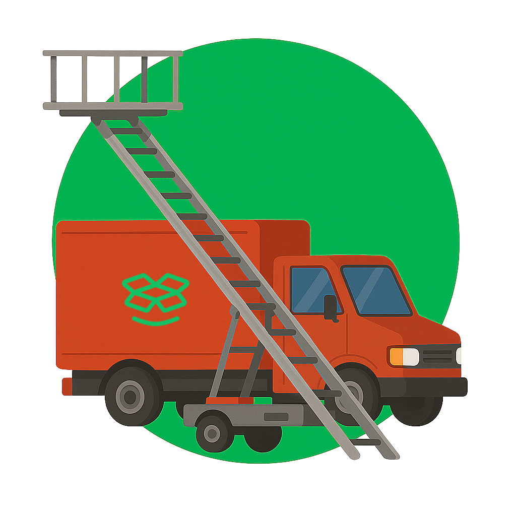 Camion monte-meuble avec échelle élévatrice pour déménagement en étage dans un environnement urbain