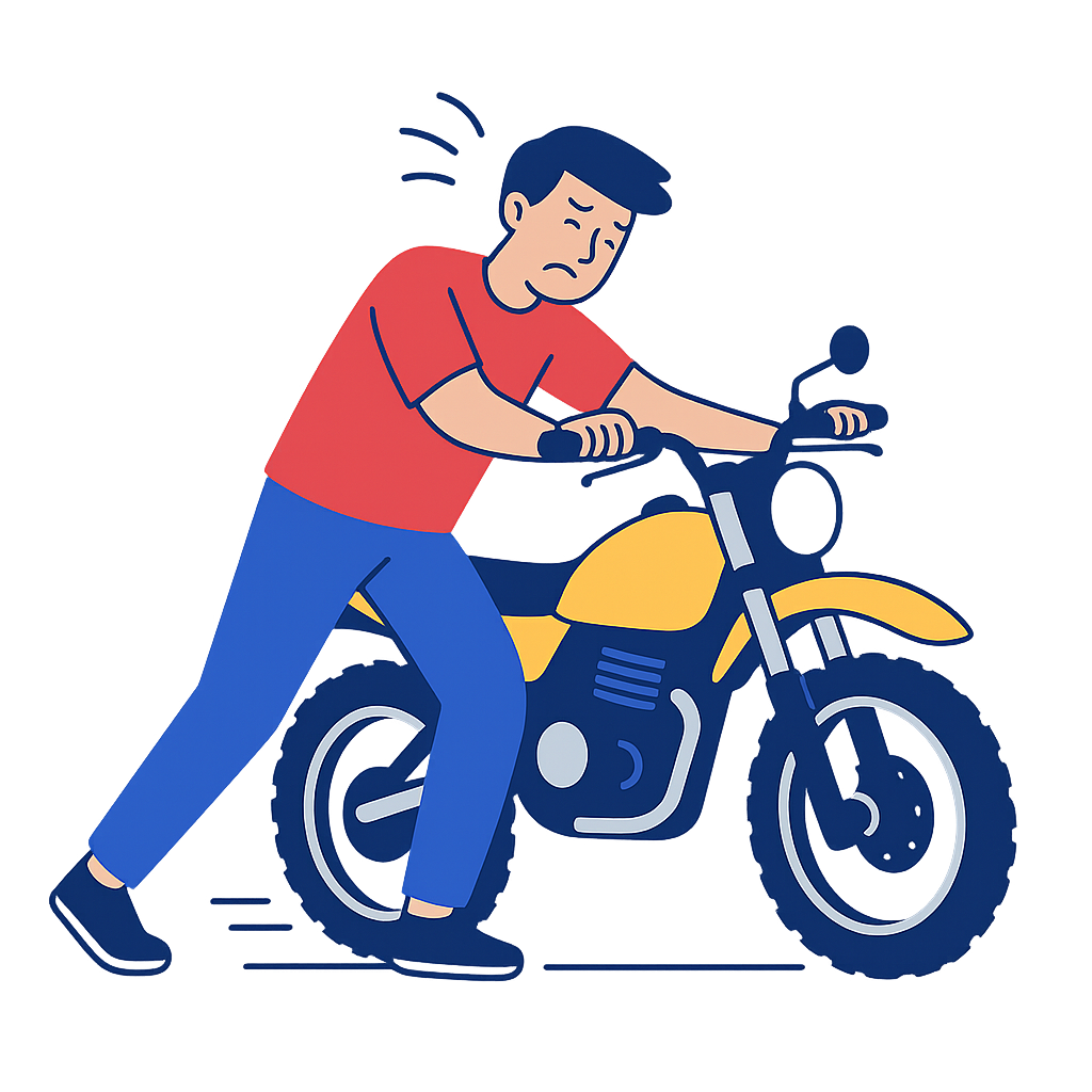 Homme poussant sa moto seul, visiblement fatigué — illustration des défis liés au transport moto par soi-même, au lieu d’une livraison de moto ou d’un déménagement scooter professionnel.