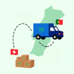 Illustration d’un camion de déménagement transportant des cartons de la Suisse vers le Portugal