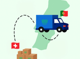 Illustration d’un camion de déménagement transportant des cartons de la Suisse vers le Portugal