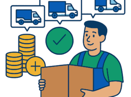 Illustration d’un déménageur tenant un carton, représentant un service de déménagement pas cher, fiable et économique.