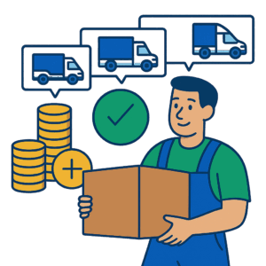 Illustration d’un déménageur avec carton, icônes de camions, de devis et de pièces de monnaie représentant des tarifs de déménagement à Nyon