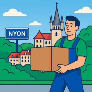 Illustration d’un déménageur portant un carton à Nyon