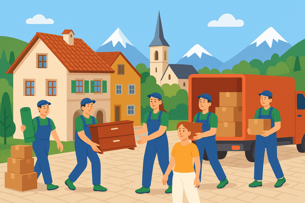 Équipe de déménageurs locaux à Fribourg transportant des meubles et cartons devant une maison avec un camion de déménagement