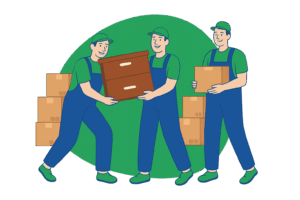 Illustration de trois déménageurs à Bulle transportant des cartons et un meuble lors d’un déménagement