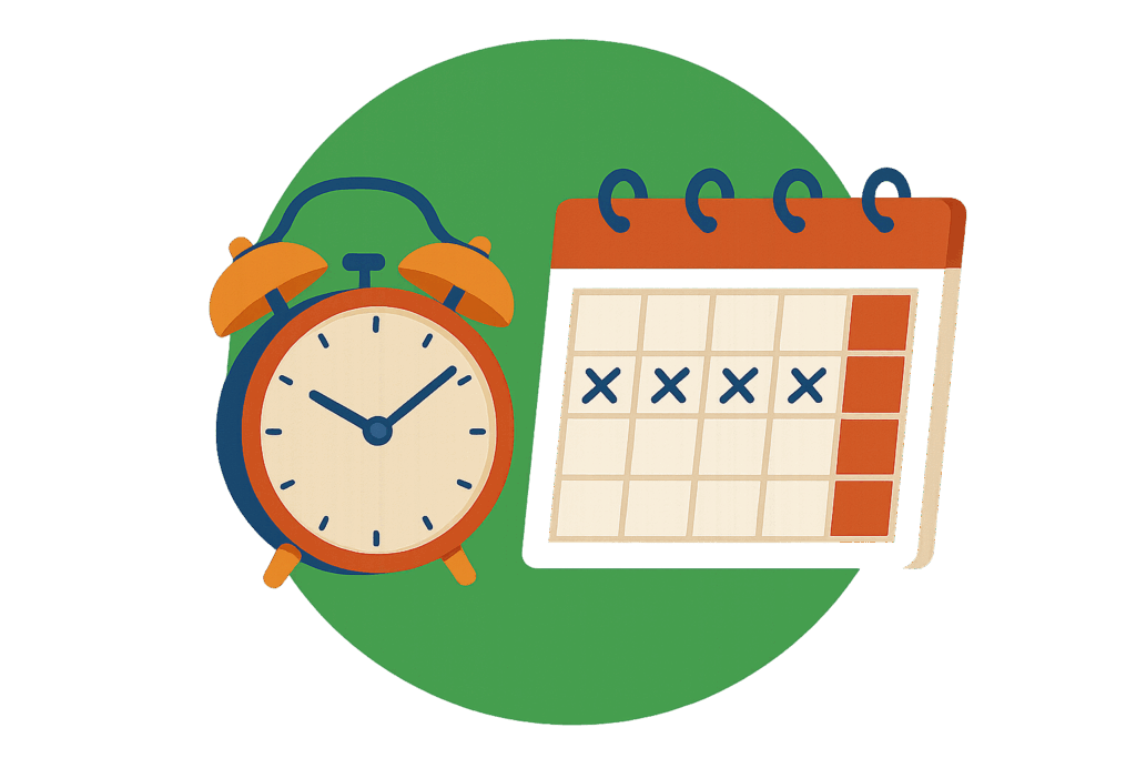 Illustration d’un réveil et d’un calendrier, soulignant l’importance de planifier son déménagement en semaine ou hors saison pour obtenir un tarif plus économique.