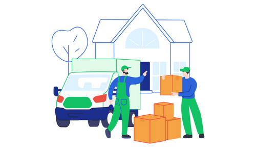Deux déménageurs à Genève déchargeant des cartons d’un camion de déménagement devant une maison.