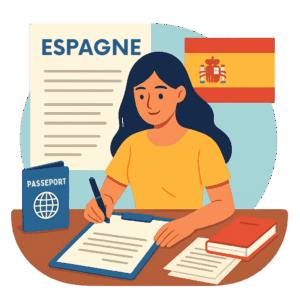 Femme suisse remplissant des documents pour s’installer en Espagne avec passeport et drapeau espagnol