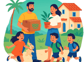 Famille suisse arrivant en Espagne avec enfants, cartons et plante devant leur nouvelle maison