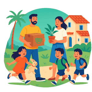 Famille suisse arrivant en Espagne avec enfants, cartons et plante devant leur nouvelle maison