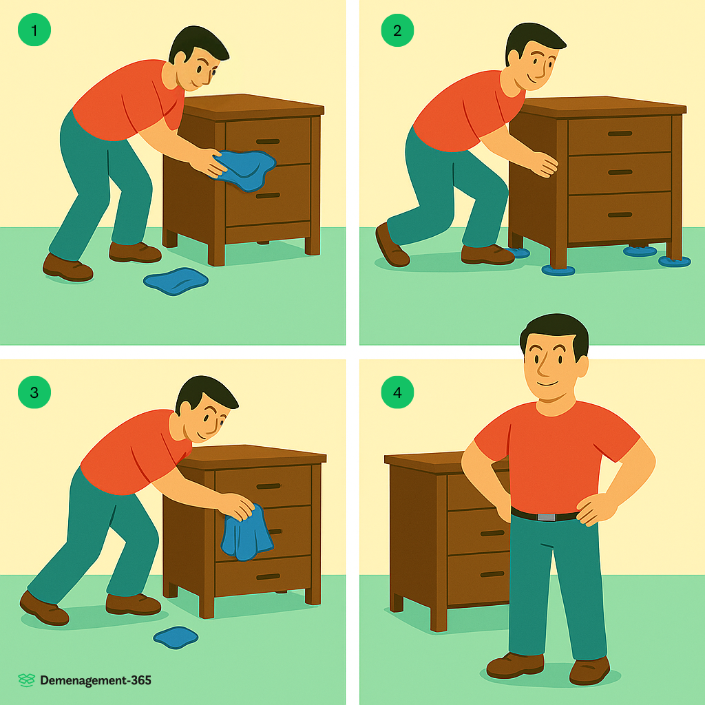Un homme utilise des chiffons placés sous les pieds d’un meuble pour le déplacer sans abîmer le sol ni se blesser. Étapes illustrées : préparation du meuble, glissement des chiffons, mise en place complète, et résultat final.