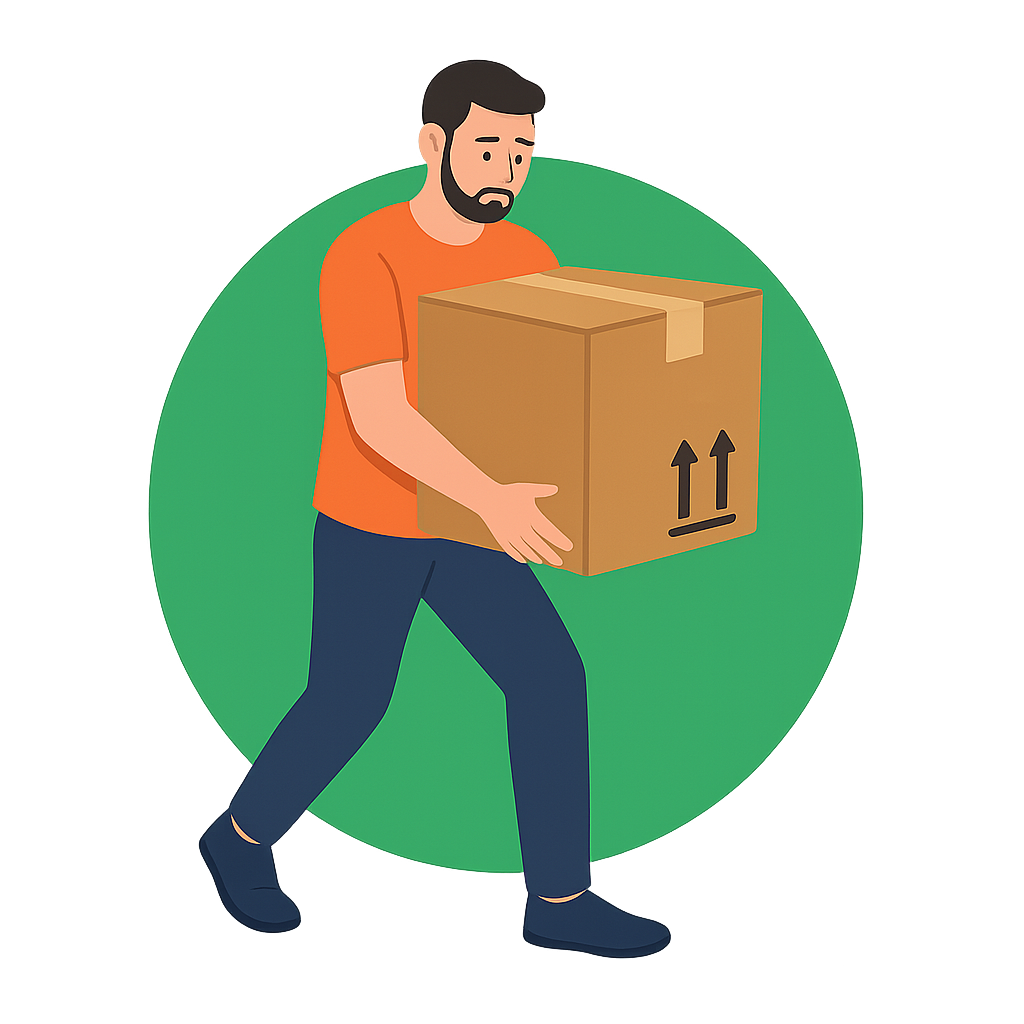 Un homme transportant seul un carton lourd, symbolisant le défi du transport meuble solo lors d’un déménagement ou réaménagement sans aide extérieure.