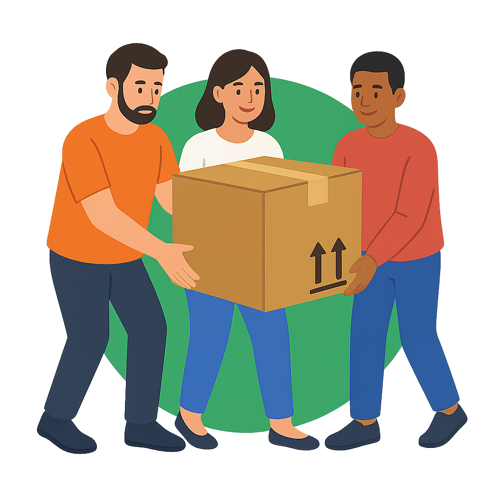 Trois personnes collaborent pour porter un gros carton — une scène représentative du meuble transport en groupage, une solution partagée et économique pour déménager à plusieurs.