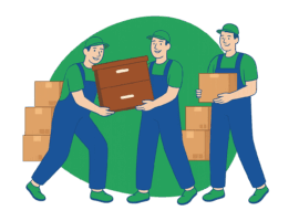 Trois déménageurs professionnels en tenue verte et bleue coopèrent pour transporter des meubles et des cartons — une représentation claire du processus de transport de meuble étape par étape.