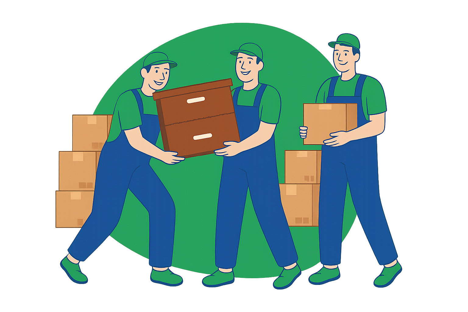 Trois déménageurs professionnels en tenue verte et bleue coopèrent pour transporter des meubles et des cartons — une représentation claire du processus de transport de meuble étape par étape.