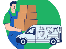 Camionnette de déménagement illustrée avec cartons et meubles pour petit volume