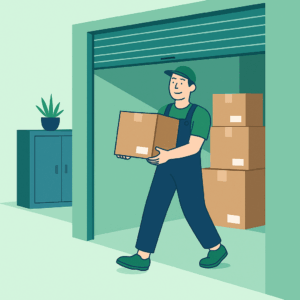 Employé portant un carton dans un garde-meuble à Genève pour stockage et déménagement

