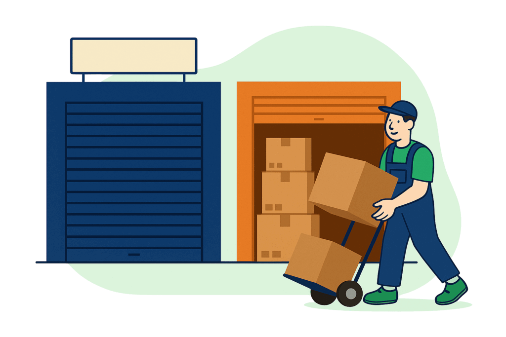 Un déménageur transporte des cartons vers un garde-meuble sécurisé – box à louer et solutions de stockage à Genève, Lausanne et Vaud.