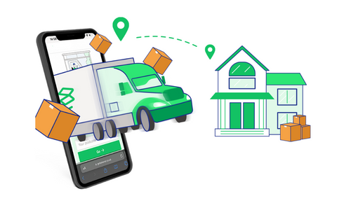 Illustration d’un camion de déménagement, d’un smartphone et d’une maison — symbolise une demande de devis en ligne pour un déménagement.